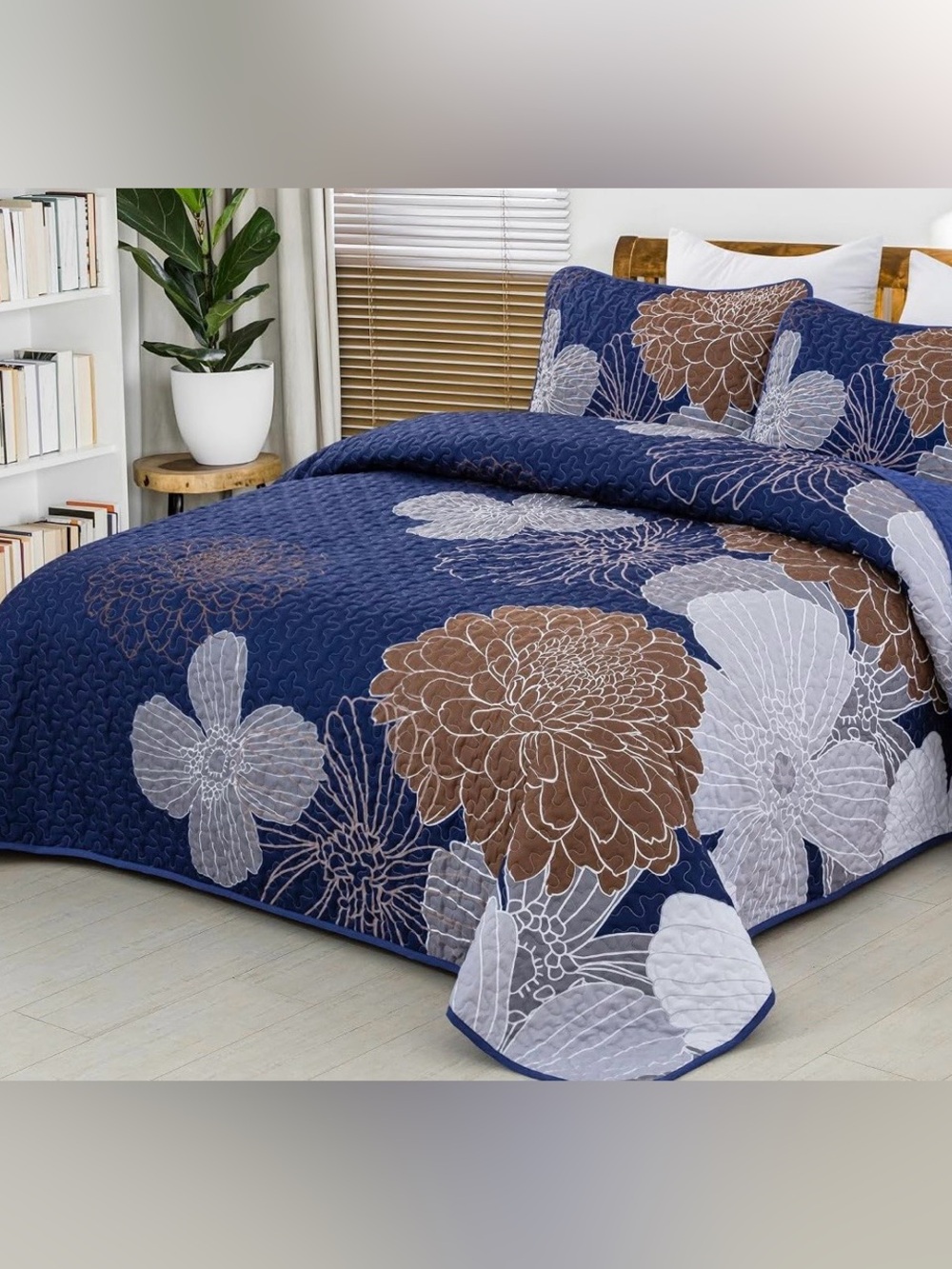 Anibedding Navy Floral Quilt Set with Brown & Gray Accents Queen Quilt w Shams